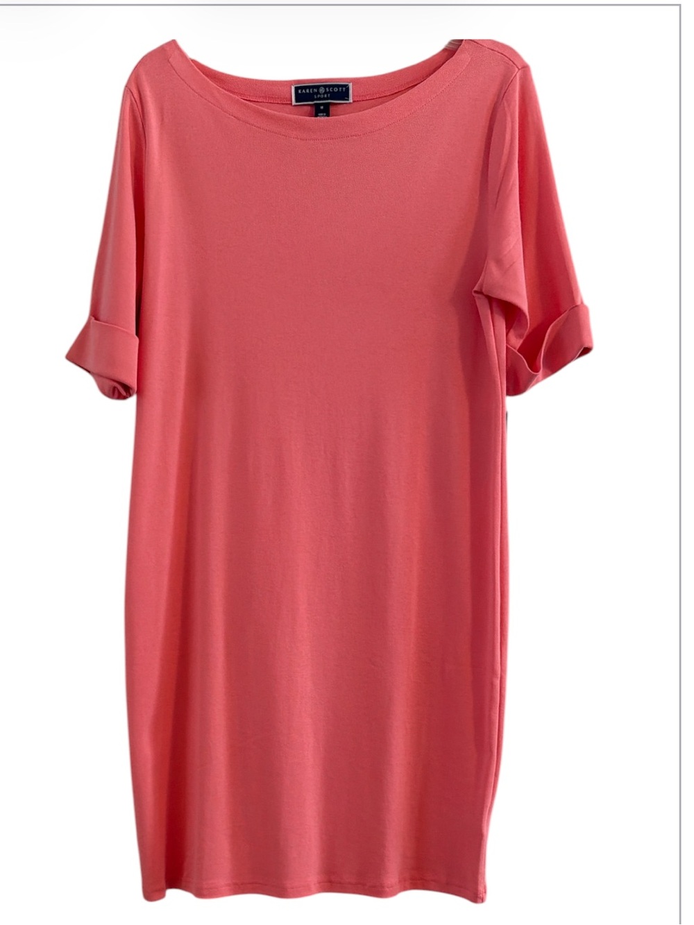 Karen Scott Coral Pink Cotton T-Shirt Dress Boat Neck Orange Knee Length NWT M